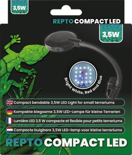 La Repto Compact LED 3,5W è la soluzione ideale per illuminare facilmente i terrari di piccole dimensioni. Grazie al suo design compatto e al braccio flessibile, permette di direzionare la luce con precisione, offrendo una perfetta illuminazione diurna senza ingombrare.