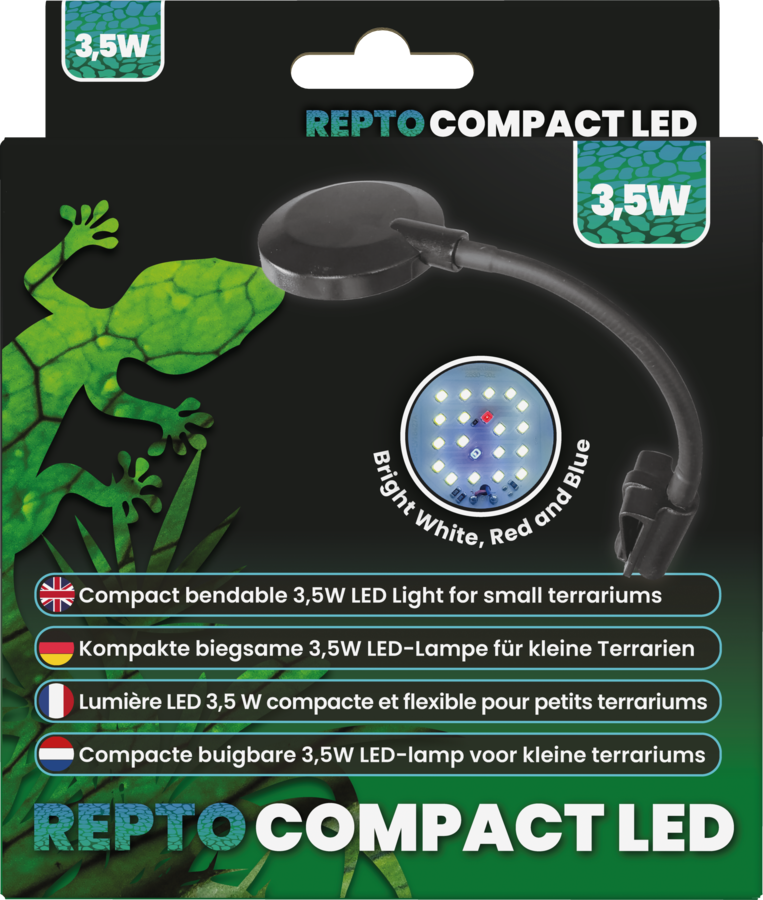La Repto Compact LED 3,5W è la soluzione ideale per illuminare facilmente i terrari di piccole dimensioni. Grazie al suo design compatto e al braccio flessibile, permette di direzionare la luce con precisione, offrendo una perfetta illuminazione diurna senza ingombrare.