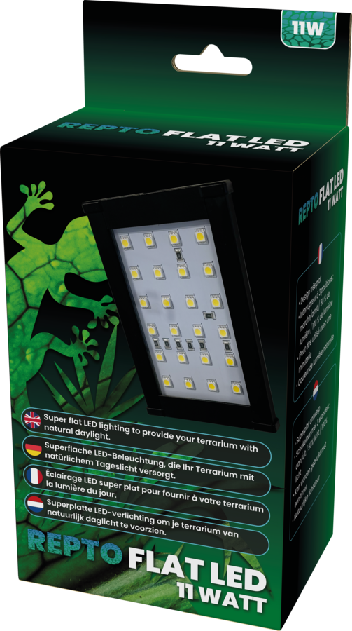 La Repto Flat LED 11W è progettata per offrire un’illuminazione naturale e uniforme con il minimo ingombro al tuo terrario o vivario naturalistico. Grazie al suo profilo ultra-sottile, risulta quasi invisibile una volta installata sul terrario, garantendo luce di qualità senza disturbare l’estetica dell’habitat.