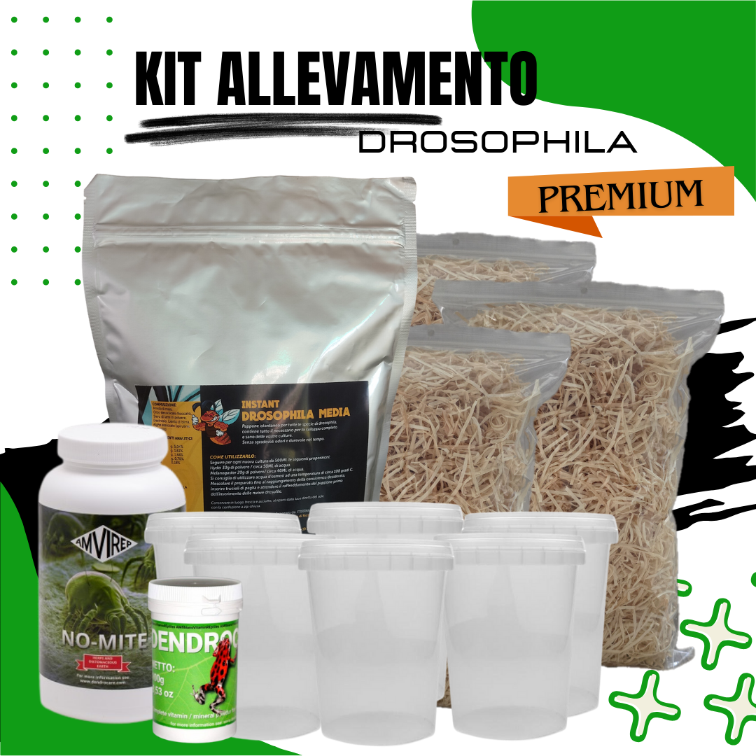 Scopri il nostro kit di allevamento Drosophile, perfetto per chi desidera sviluppare colonie per alimentare Dendrobates, piccoli rettili e altri animali esotici.

Il kit include tutto il necessario per avviare e mantenere una coltura di Drosophile. All'interno del kit troverai bicchieri rigidi con tappo ventilato riutilizzabili, pappone nutritivo di alta qualità per garantire una crescita sana delle Drosophile, trucioli di paglia.